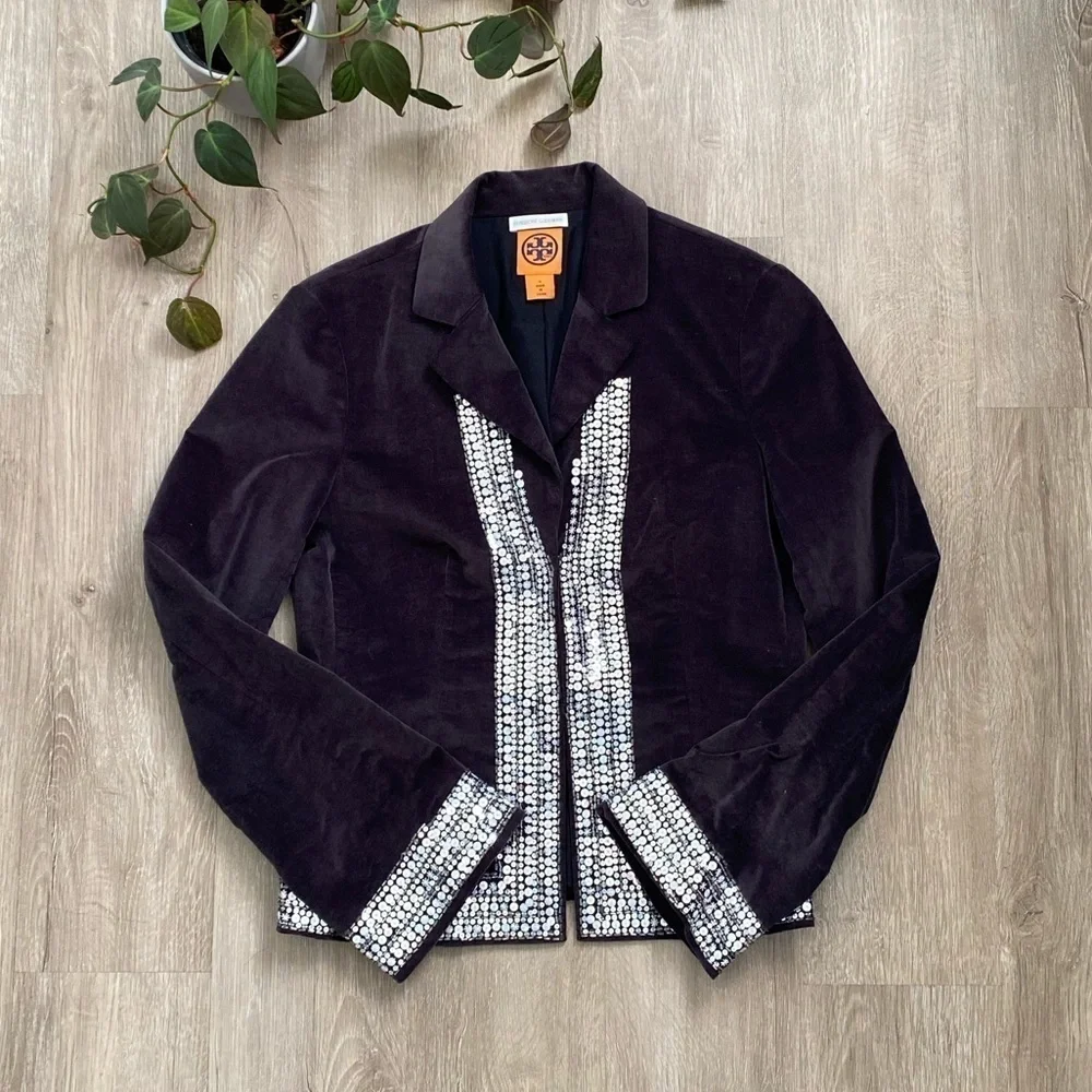 Tory Burch Grey Velvet Natasha Sequin Embellished Blazer EUC